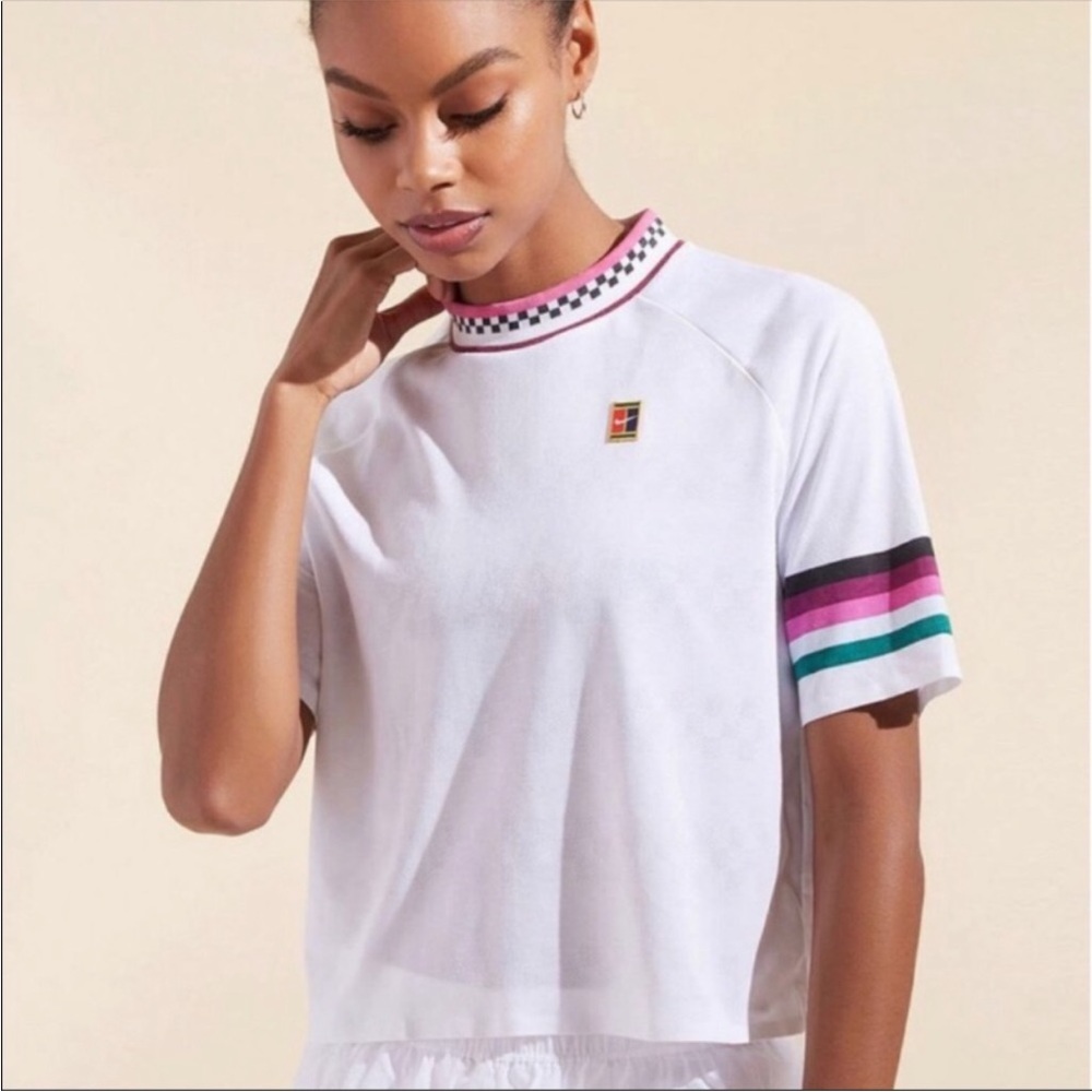 Nike White Short Sleeve Tee with Pink, Black & Teal Stripe Details